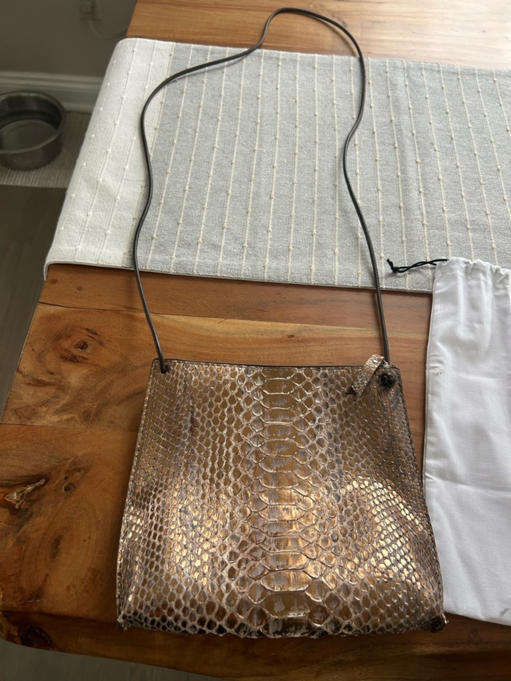B.May Metallic Bronze Snake-Embossed Crossbody Bag with Adjustable Strap